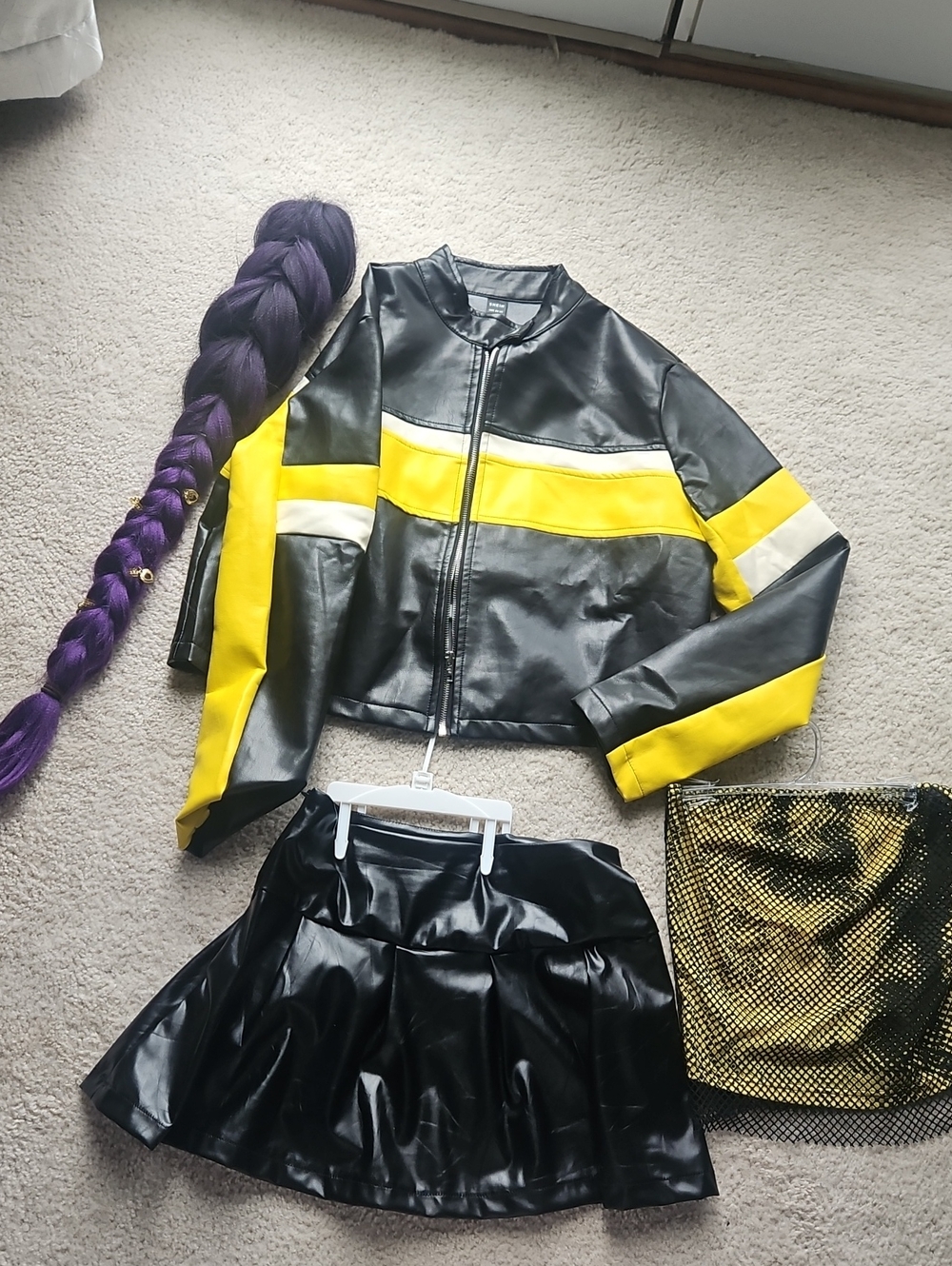 Black Faux Leather Moto Jacket-Yellow & White Stripes, Skirt, Purple Braid, Top